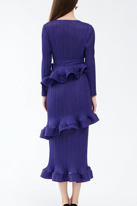 Pleats Art Style Ruffled Lace-Up Pleated Dress – Long Sleeve Midi