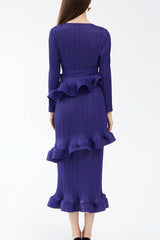 Pleats Art Style Ruffled Lace-Up Pleated Dress – Long Sleeve Midi