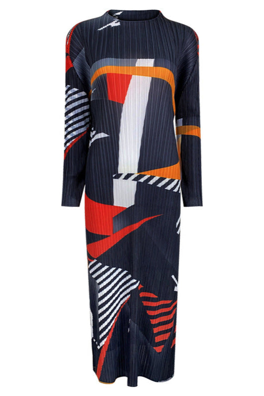 Pleated Printed A-Line Midi Dress – Slim Long Sleeve Women’s Style