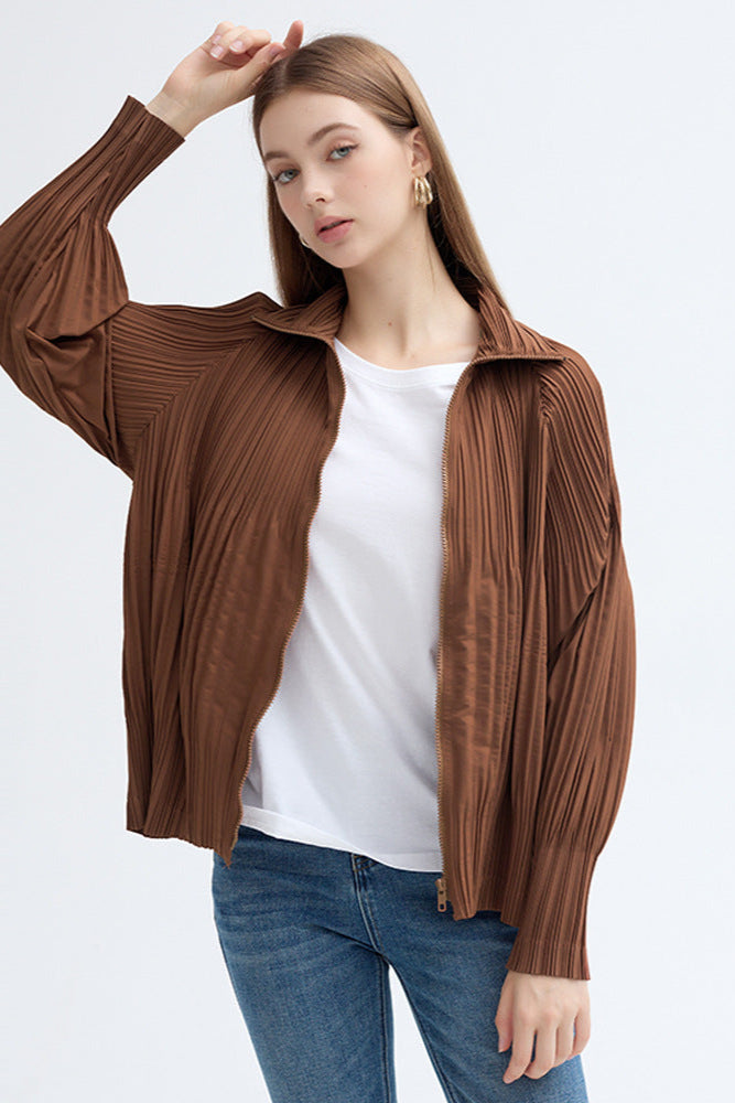 Pleats Please Stand Collar Jacket – Pleated Zipper Trench Style