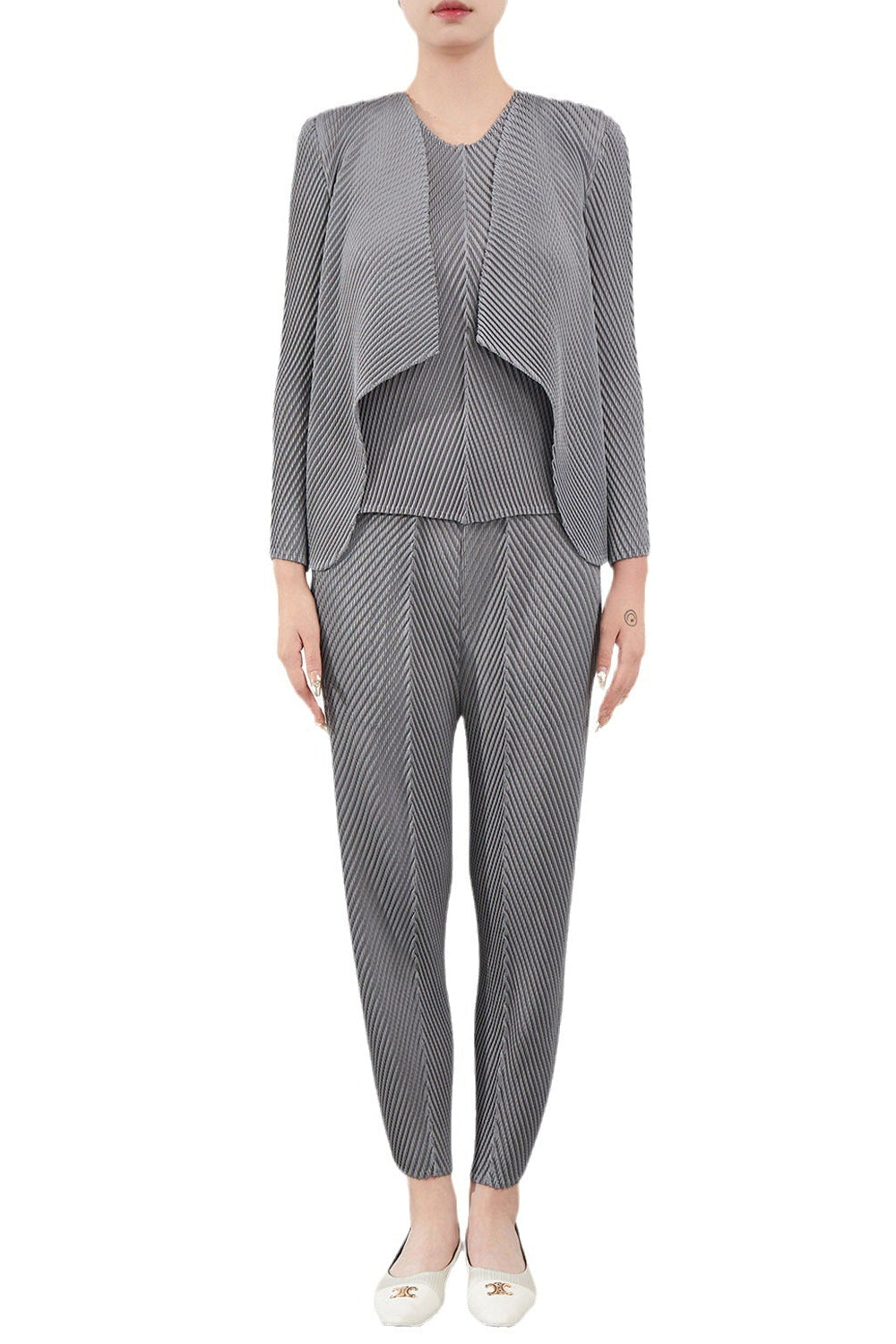 Miyake fish scale pleats series solid color slimming two-piece set, new pleated stretch temperament, fashionable casual suit IsseyMiyakePleats