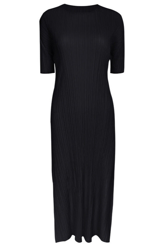Pleated Solid Color Midi Dress – Short Sleeve Slim A-Line Style
