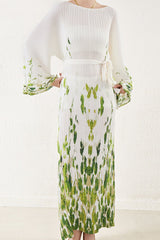 Pleated Printed Lace-Up Straight Dress – Elegant and Modern Women’s Style