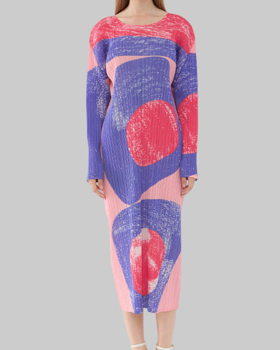 Pleatsart Wrinkle-Free Travel-Friendly Circle Print Midi Dress