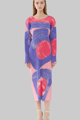 Pleated Vintage Circle Print Midi Dress – Slim Long Sleeve Round Neck