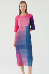 Pleats Art Style Color-Block A-Line Pleated Dress – Mid-Length Rainbow Design