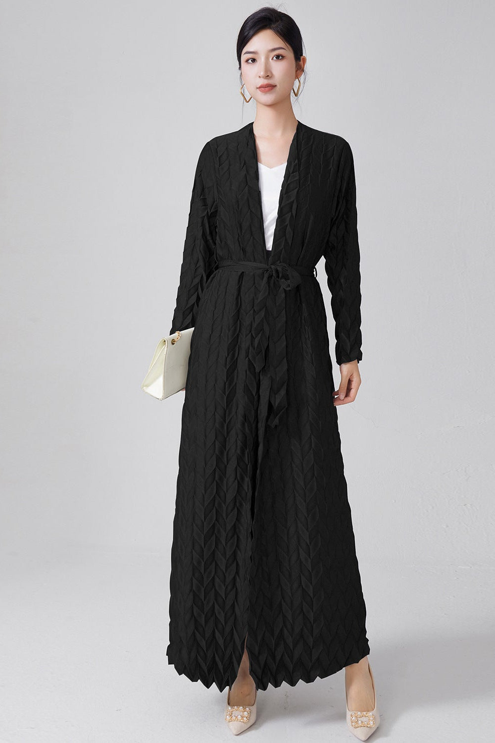 Pleats Please Lace-Up Trench Coat – Plus-Size Friendly Pleated Mid-Length Jacket