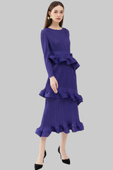 Pleats Art Style Ruffled Lace-Up Pleated Dress – Long Sleeve Midi