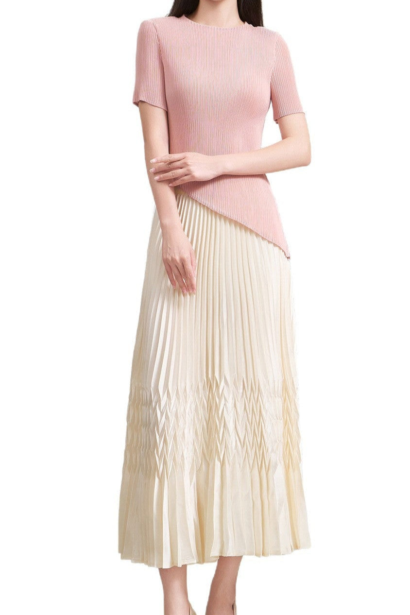 Pleats Art Style Two-Piece Set – Irregular Pleated Top & Elastic Waist Skirt