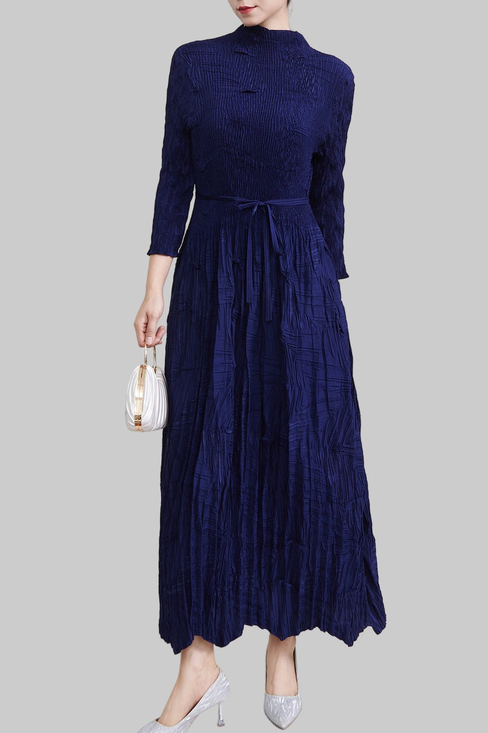 Pleats Art Style Pleated Maxi Dress – Lace-Up Waist Irregular Design