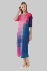 Pleats Art Style Color-Block A-Line Pleated Dress – Mid-Length Rainbow Design