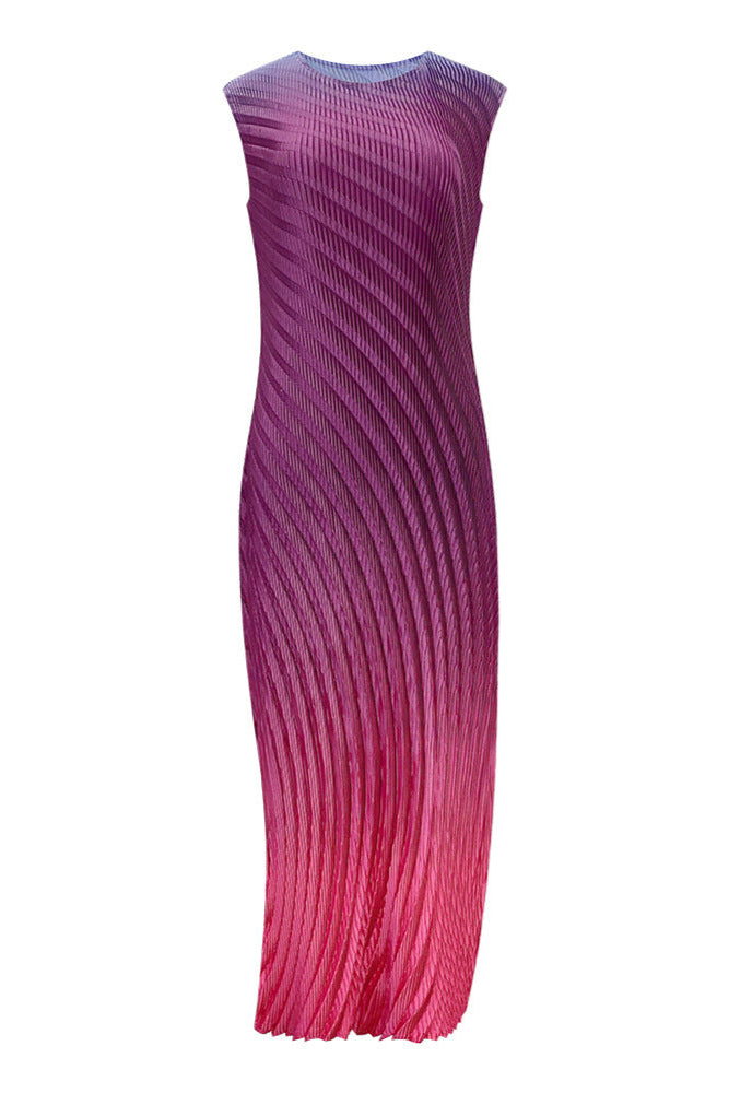 Pleats Art Style Pleated Dress – Fish Scale Gradient Sleeveless Round Neck