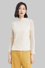 Pleated Chiffon Half-Turtleneck Top with Lace Detail – Elegant Women’s Blouse
