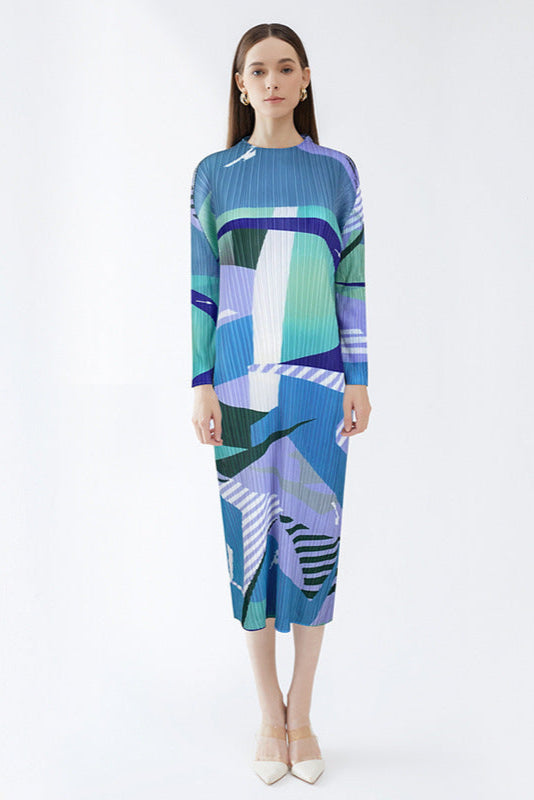 Pleated Printed A-Line Midi Dress – Slim Long Sleeve Women’s Style