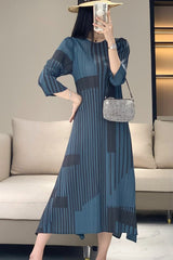 Miyake stripe print vintage dress women's spring and summer high-end pleats waist slimming crew neck bottom long skirt