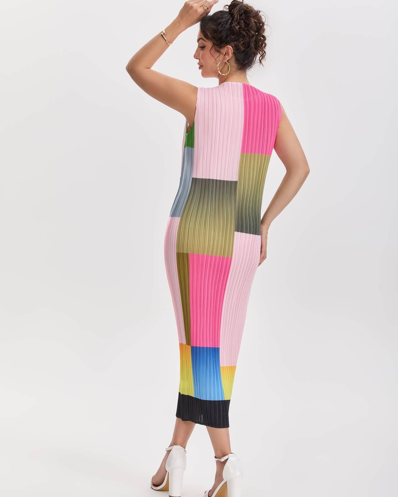 Pleatsart Wrinkle-Free Travel-Friendly Color Block Pleats Midi Dress