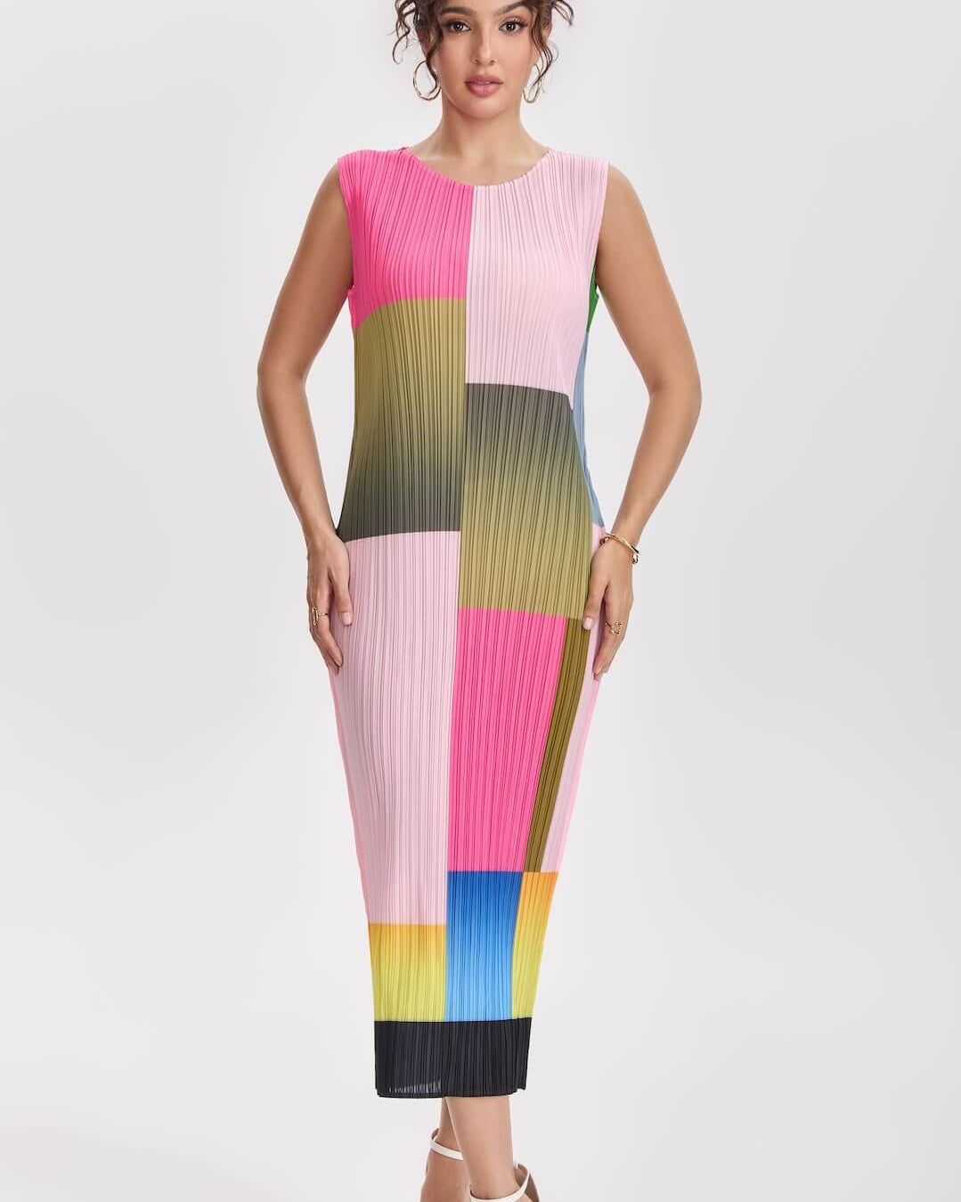 Pleatsart Wrinkle-Free Travel-Friendly Color Block Pleats Midi Dress