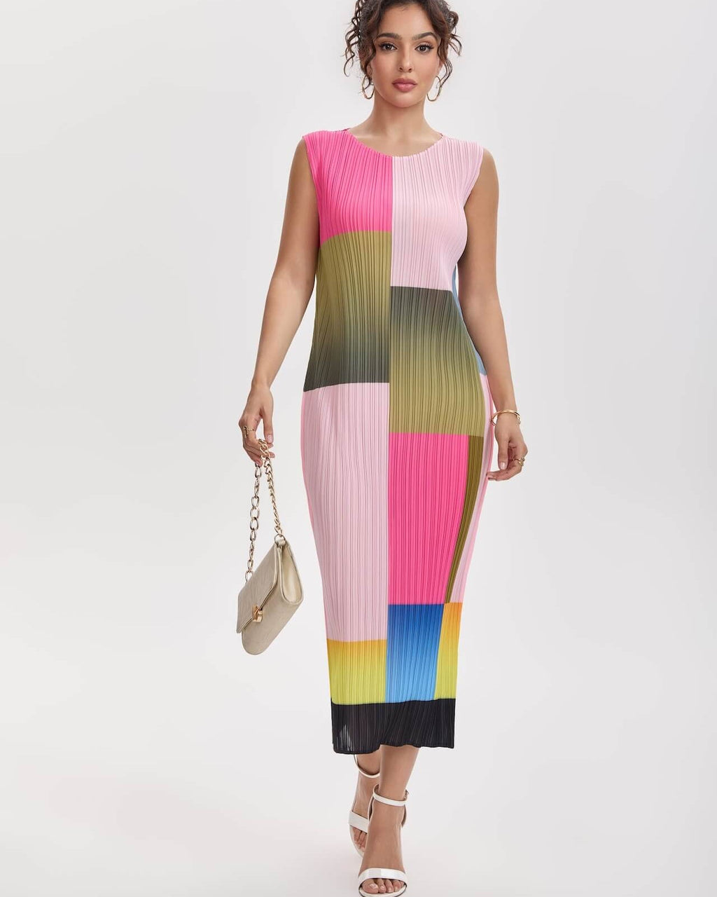 Pleatsart Wrinkle-Free Travel-Friendly Color Block Pleats Midi Dress