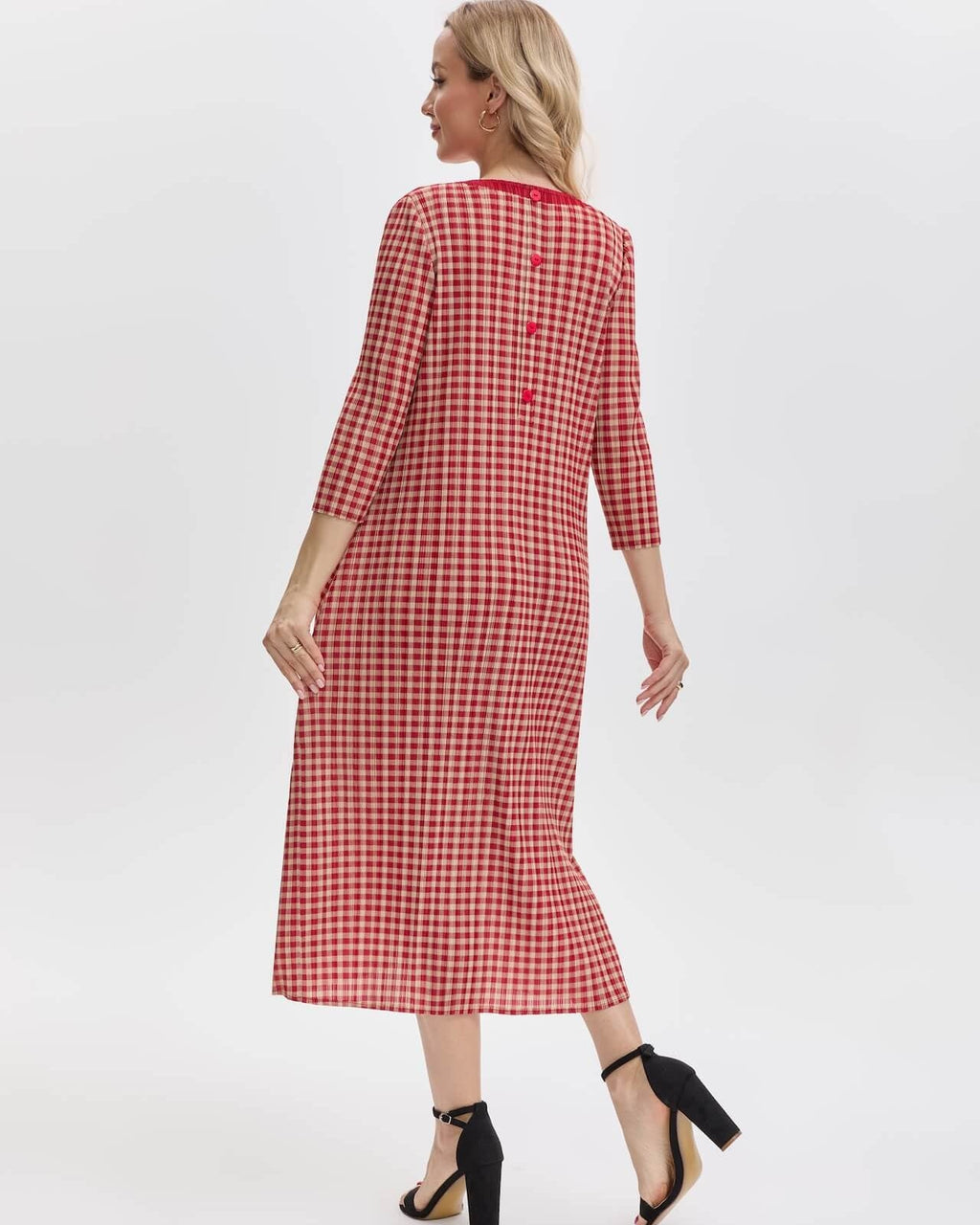 Pleatsart Wrinkle-Free Travel-Friendly Gingham Pleats Midi Dress With Pockets