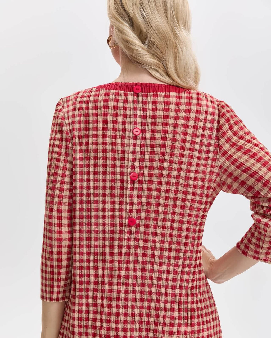 Pleatsart Wrinkle-Free Travel-Friendly Gingham Pleats Midi Dress With Pockets