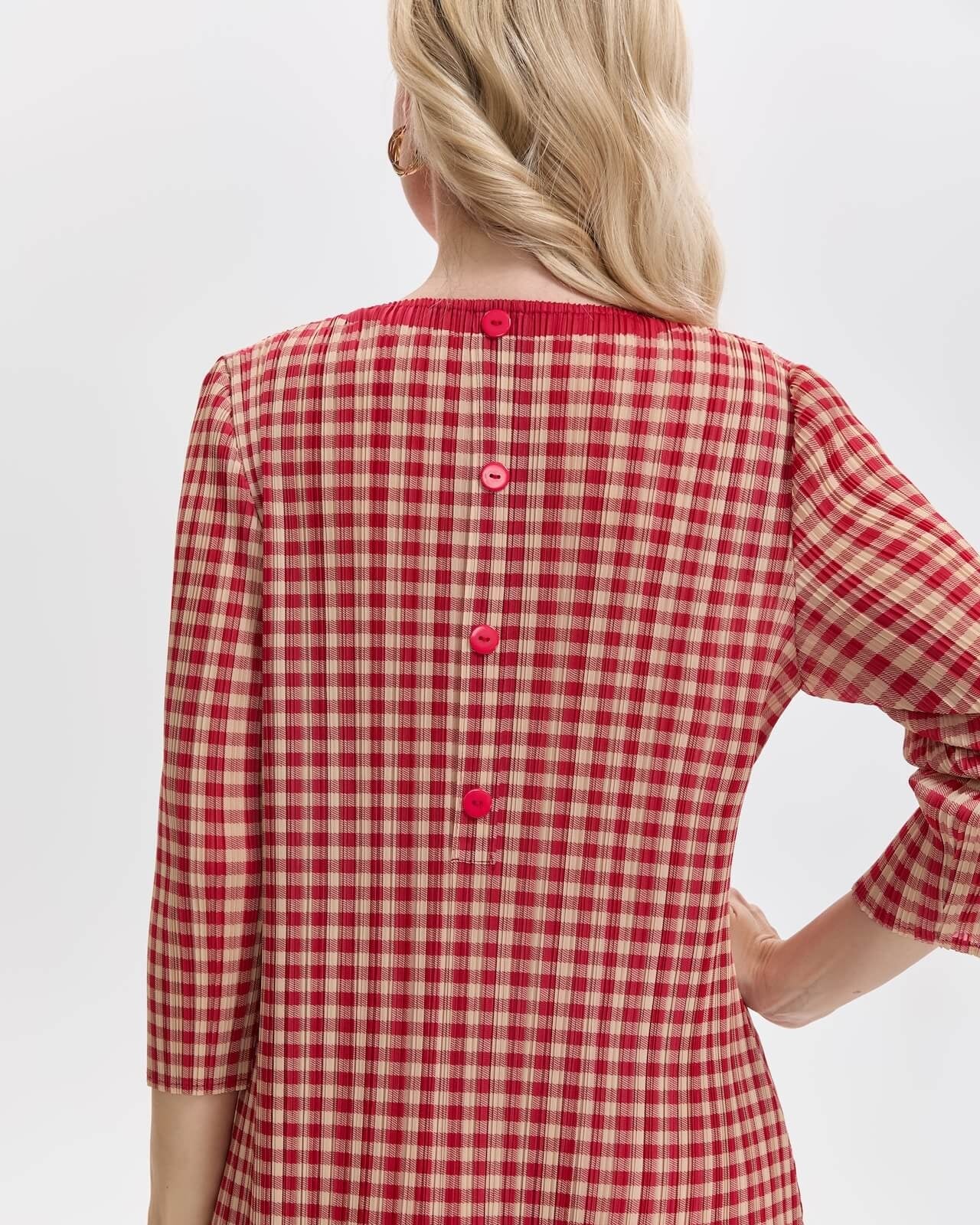 Pleatsart Wrinkle-Free Travel-Friendly Gingham Pleats Midi Dress With Pockets