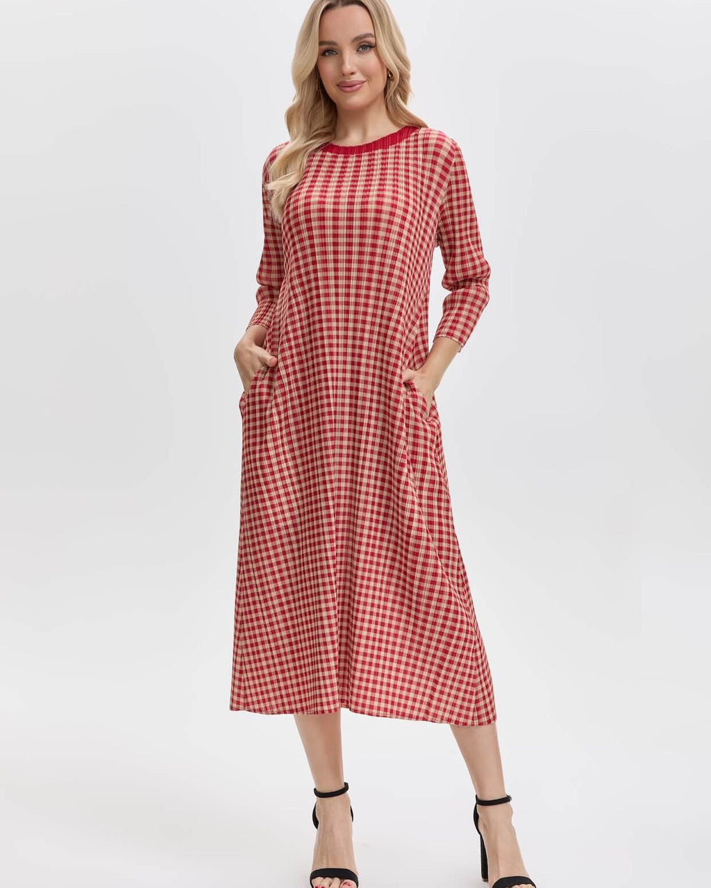 Pleatsart Wrinkle-Free Travel-Friendly Gingham Pleats Midi Dress With Pockets