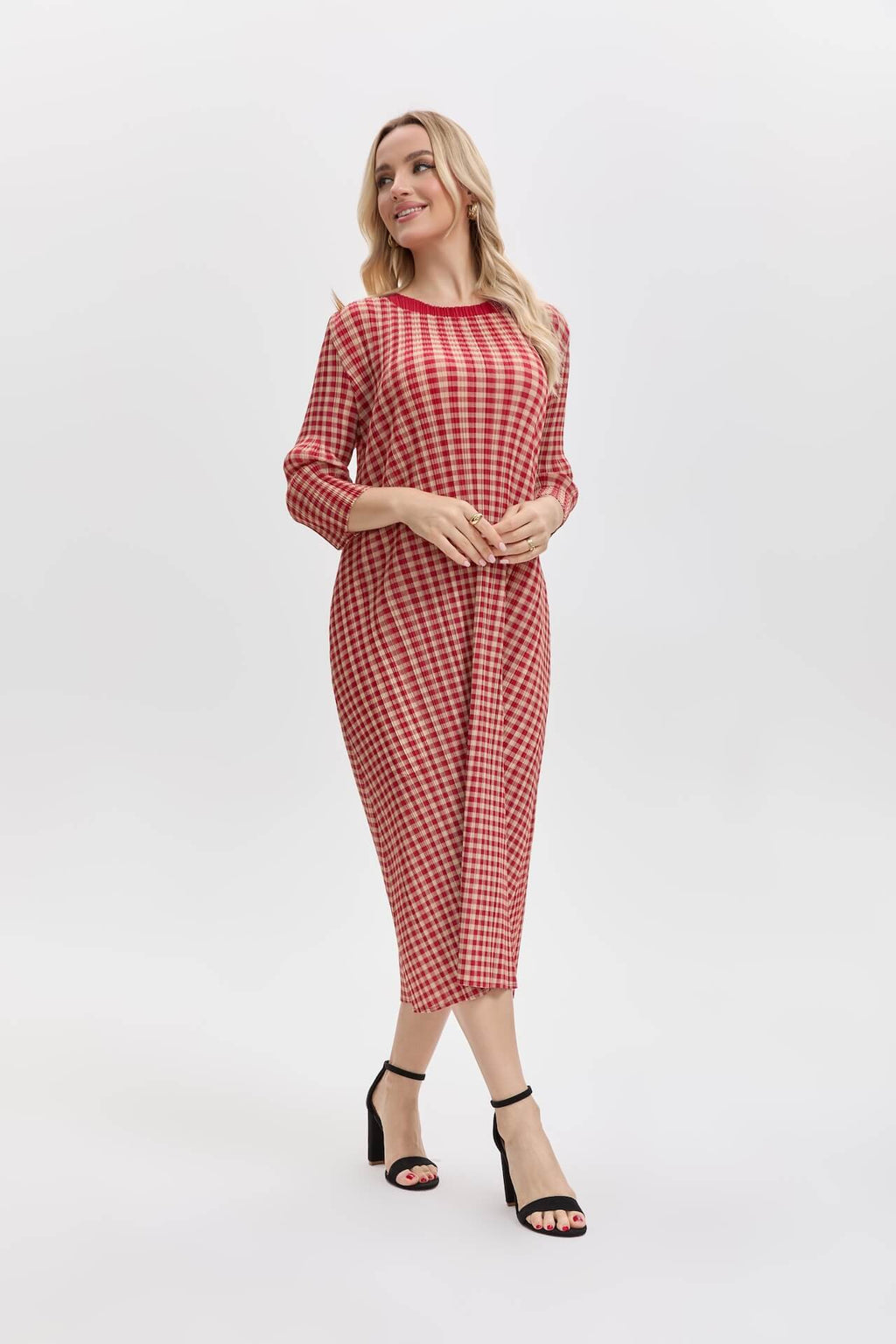 Pleatsart Wrinkle-Free Travel-Friendly Gingham Pleats Midi Dress With Pockets