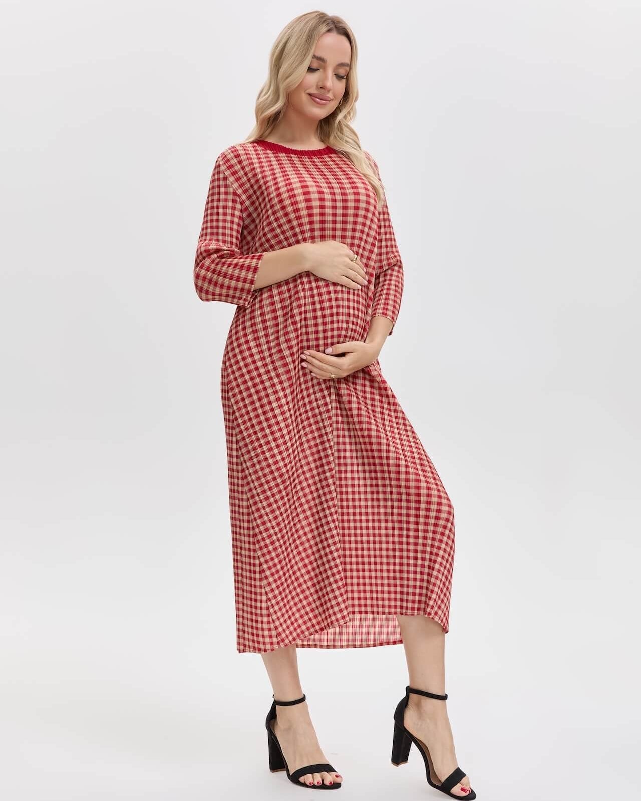Pleatsart Wrinkle-Free Travel-Friendly Gingham Pleats Midi Dress With Pockets
