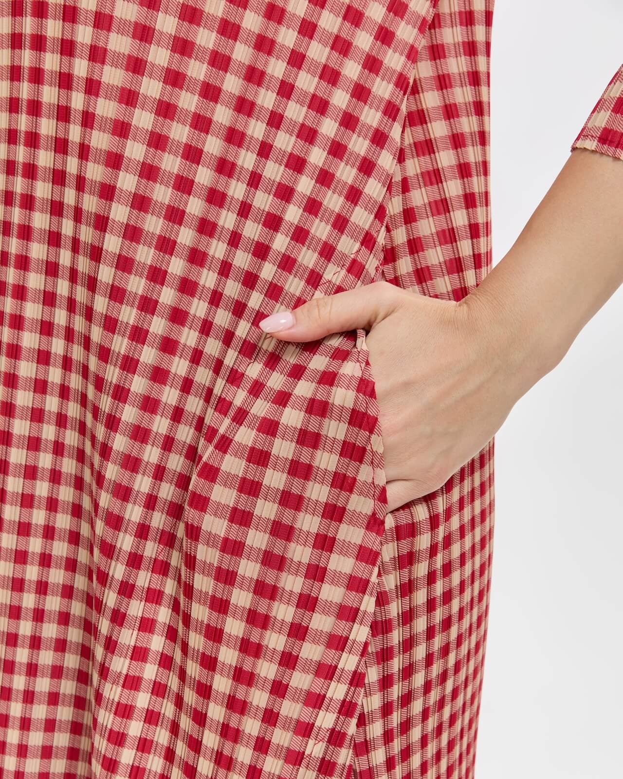 Pleatsart Wrinkle-Free Travel-Friendly Gingham Pleats Midi Dress With Pockets