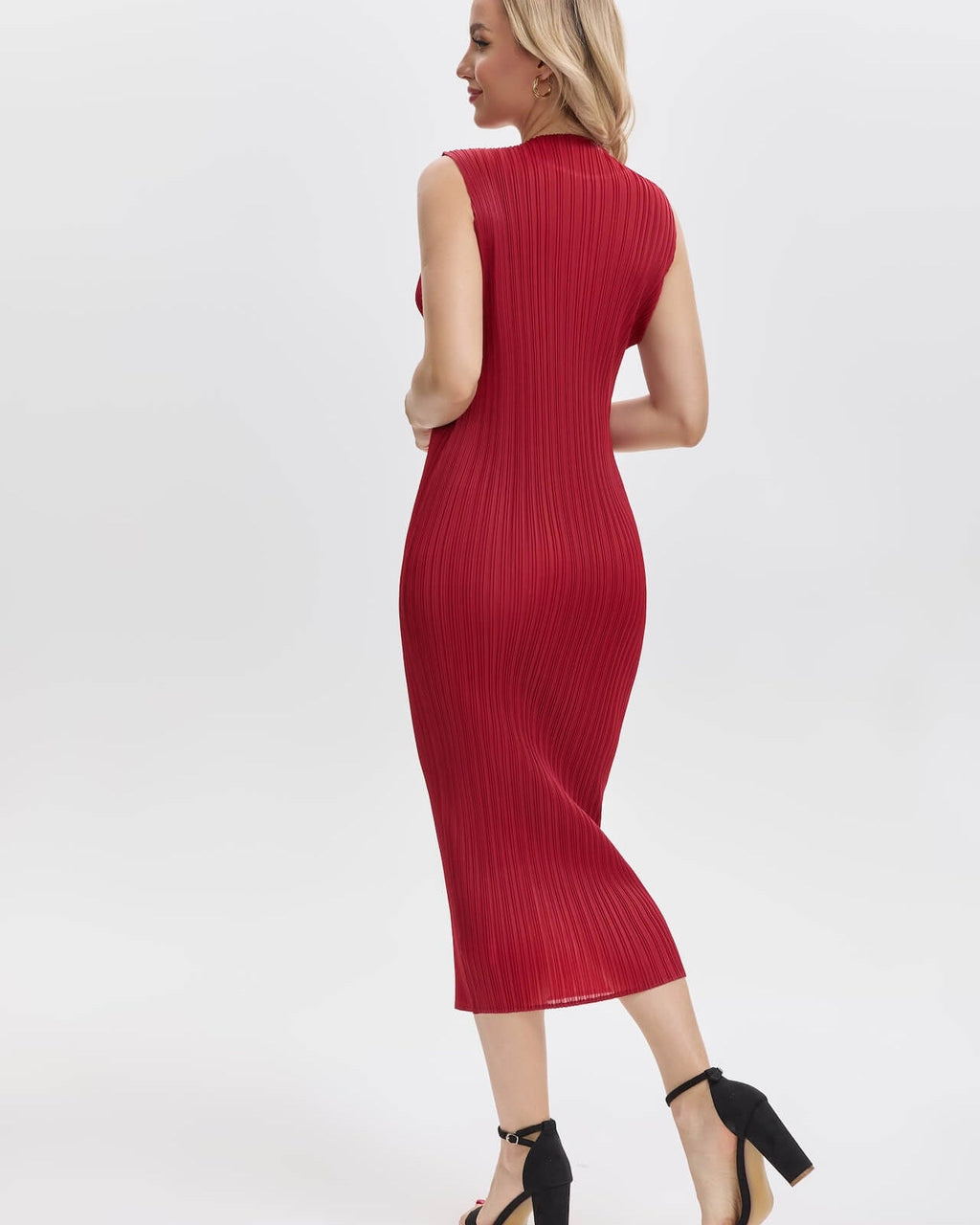 Pleatsart Wrinkle-Free Travel-Friendly Pleats Midi Dress – Red