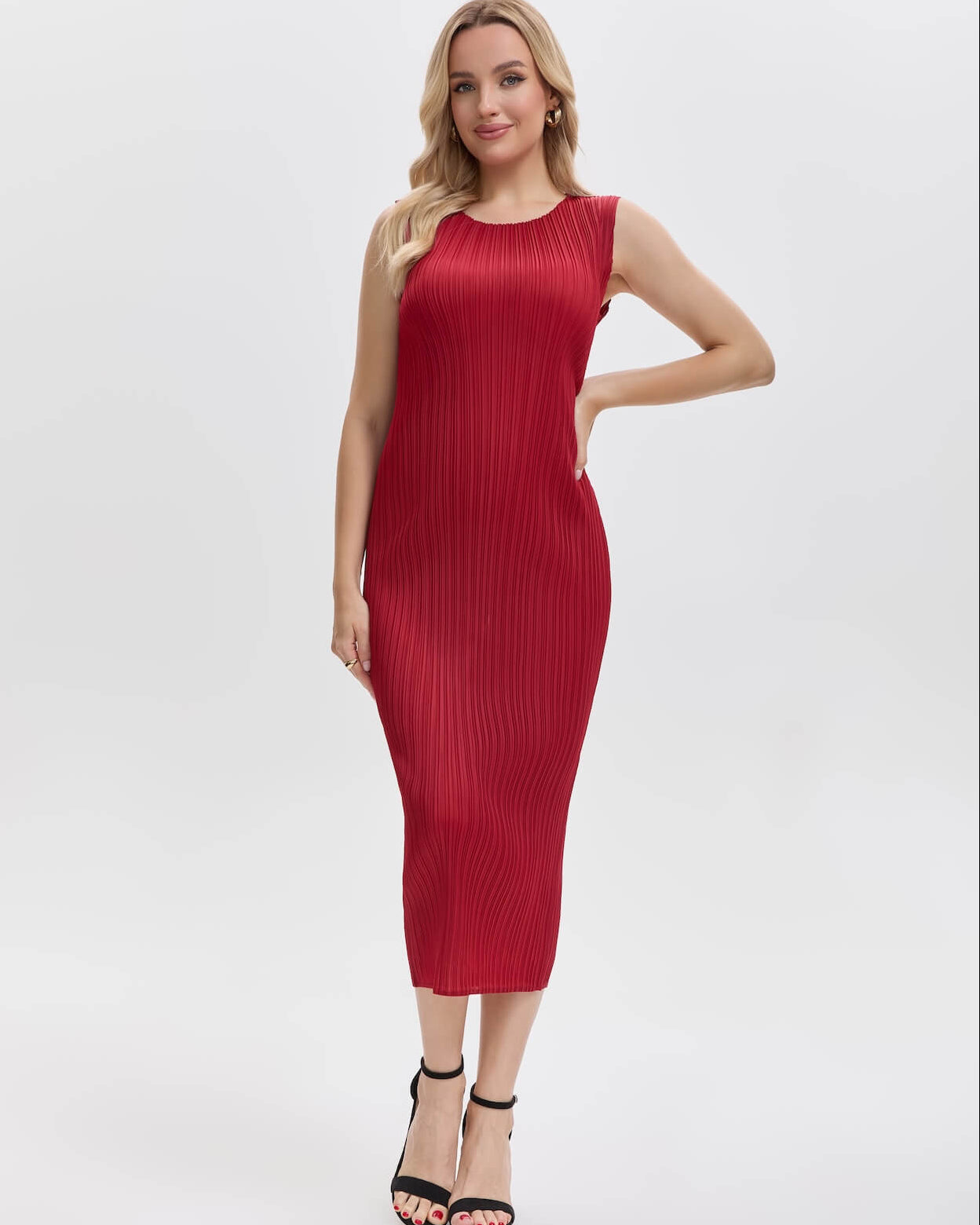 Pleatsart Wrinkle-Free Travel-Friendly Pleats Midi Dress – Red