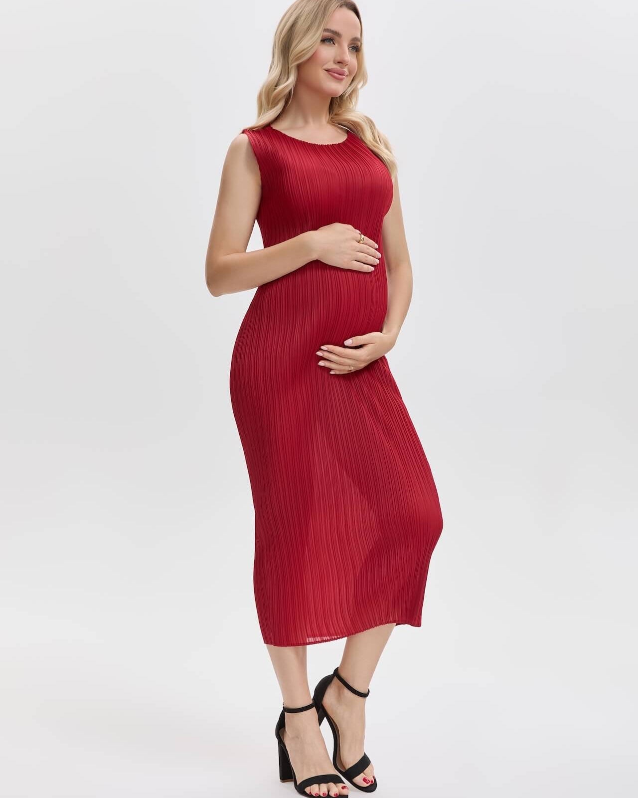 Pleatsart Wrinkle-Free Travel-Friendly Pleats Midi Dress – Red