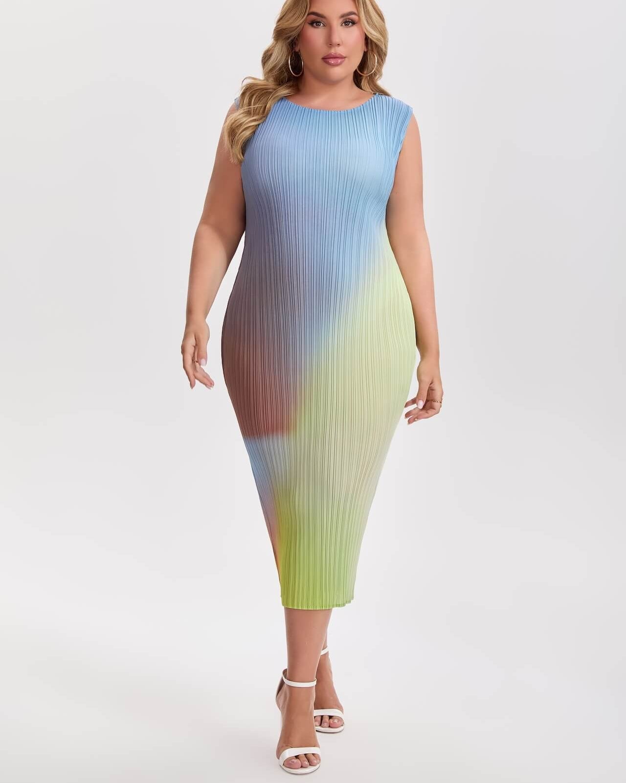 Pleatsart Wrinkle-Free Travel-Friendly Ombre Pleats Midi Dress – Sleeveless Stretch Fit