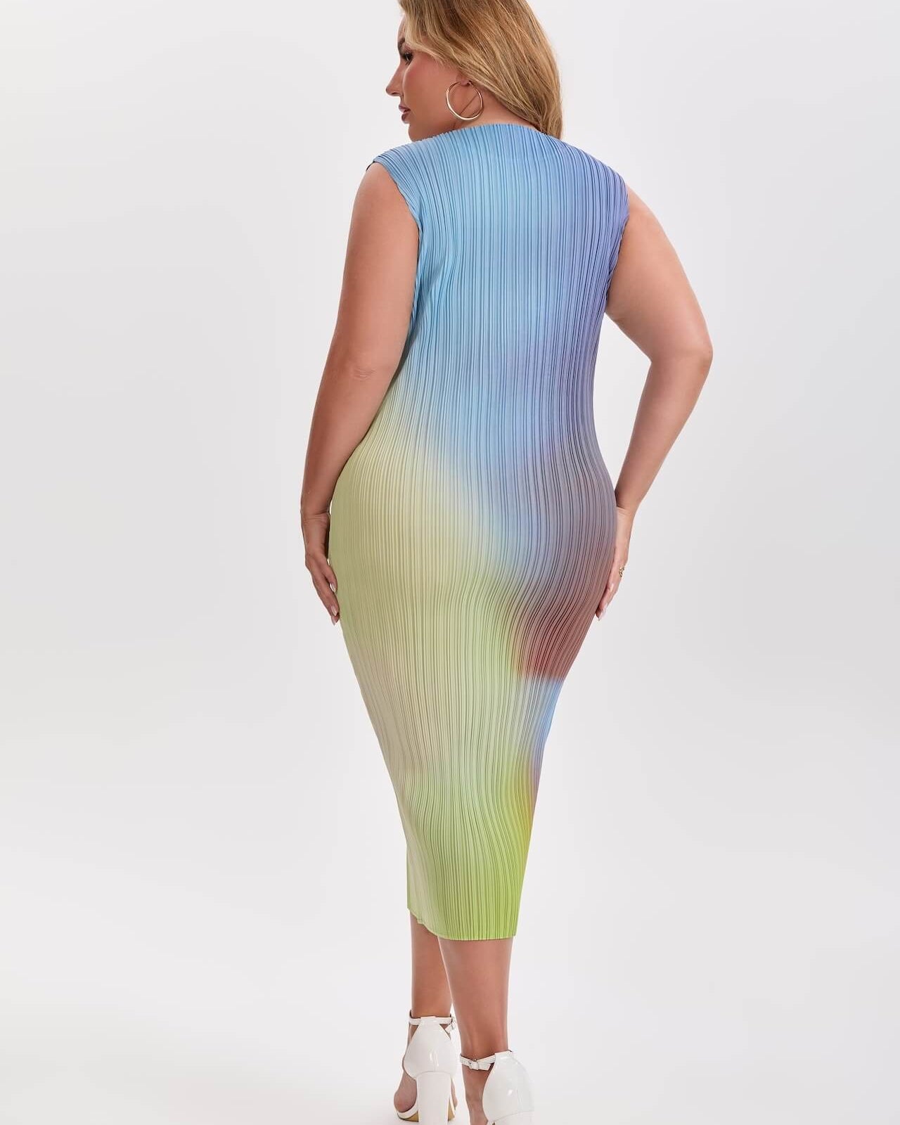 Pleatsart Wrinkle-Free Travel-Friendly Ombre Pleats Midi Dress – Sleeveless Stretch Fit