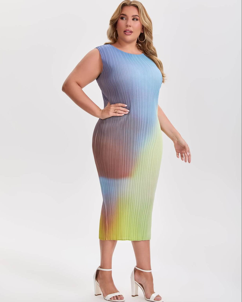 Pleatsart Wrinkle-Free Travel-Friendly Ombre Pleats Midi Dress – Sleeveless Stretch Fit