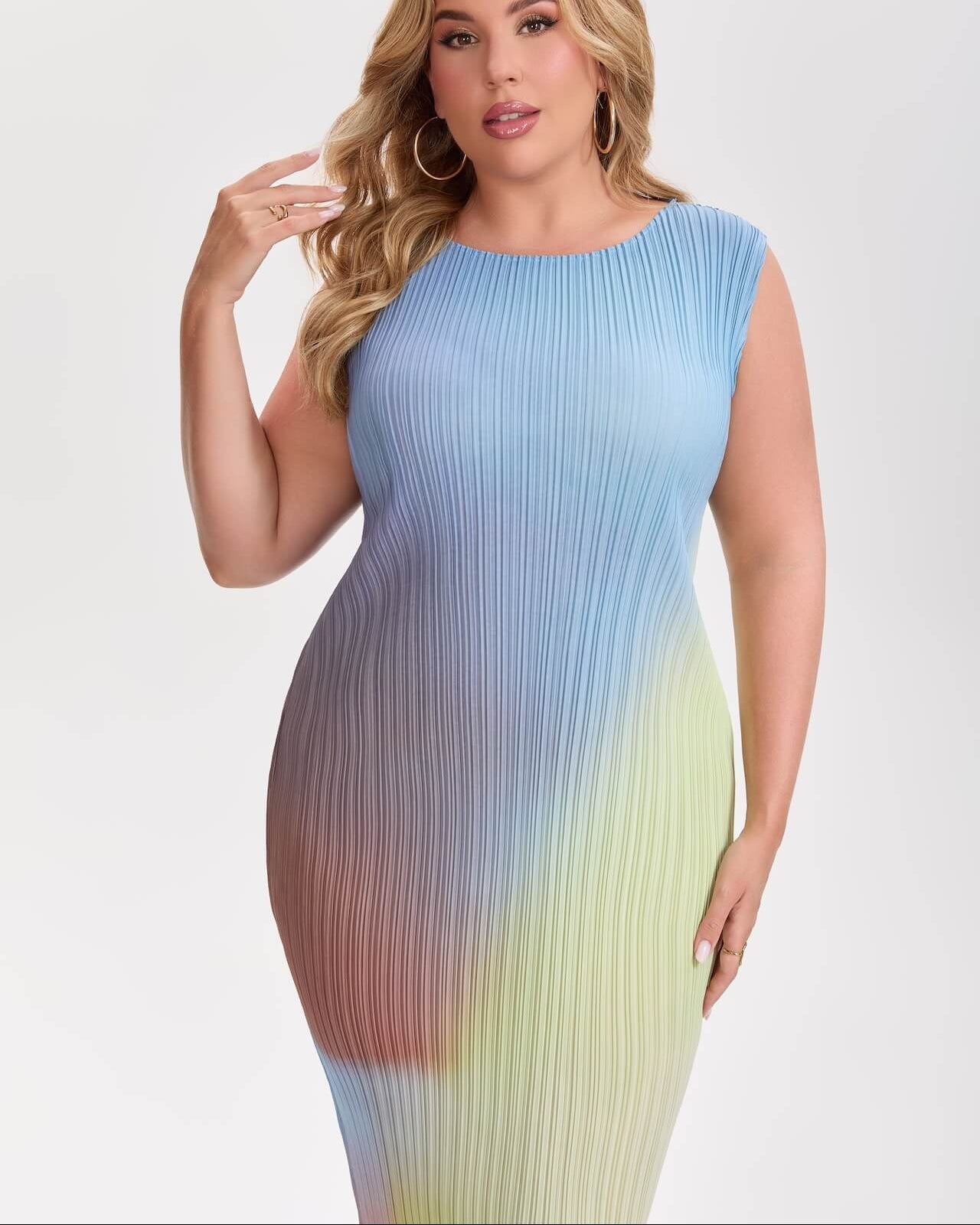 Pleatsart Wrinkle-Free Travel-Friendly Ombre Pleats Midi Dress – Sleeveless Stretch Fit