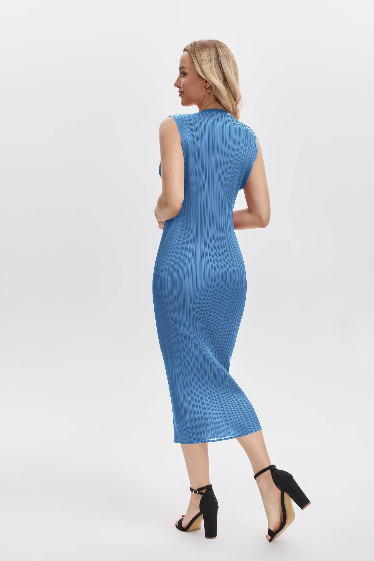 Pleatsart Wrinkle-Free Travel-Friendly Pleats Midi Dress – Blue