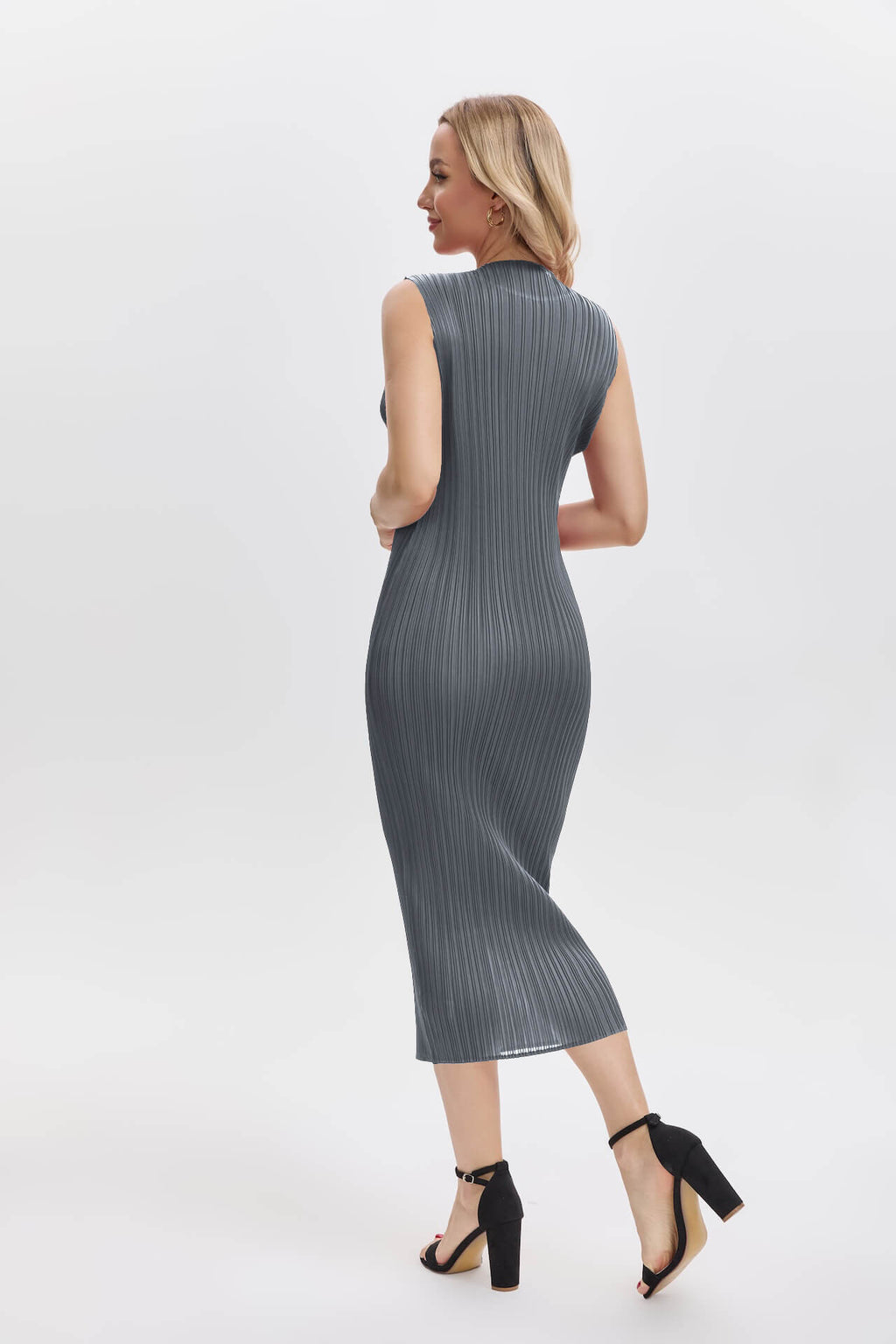 Pleatsart Wrinkle-Free Travel-Friendly Pleats Midi Dress -Gray