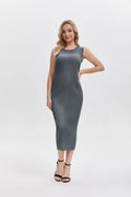 Pleatsart Wrinkle-Free Travel-Friendly Pleats Midi Dress -Gray