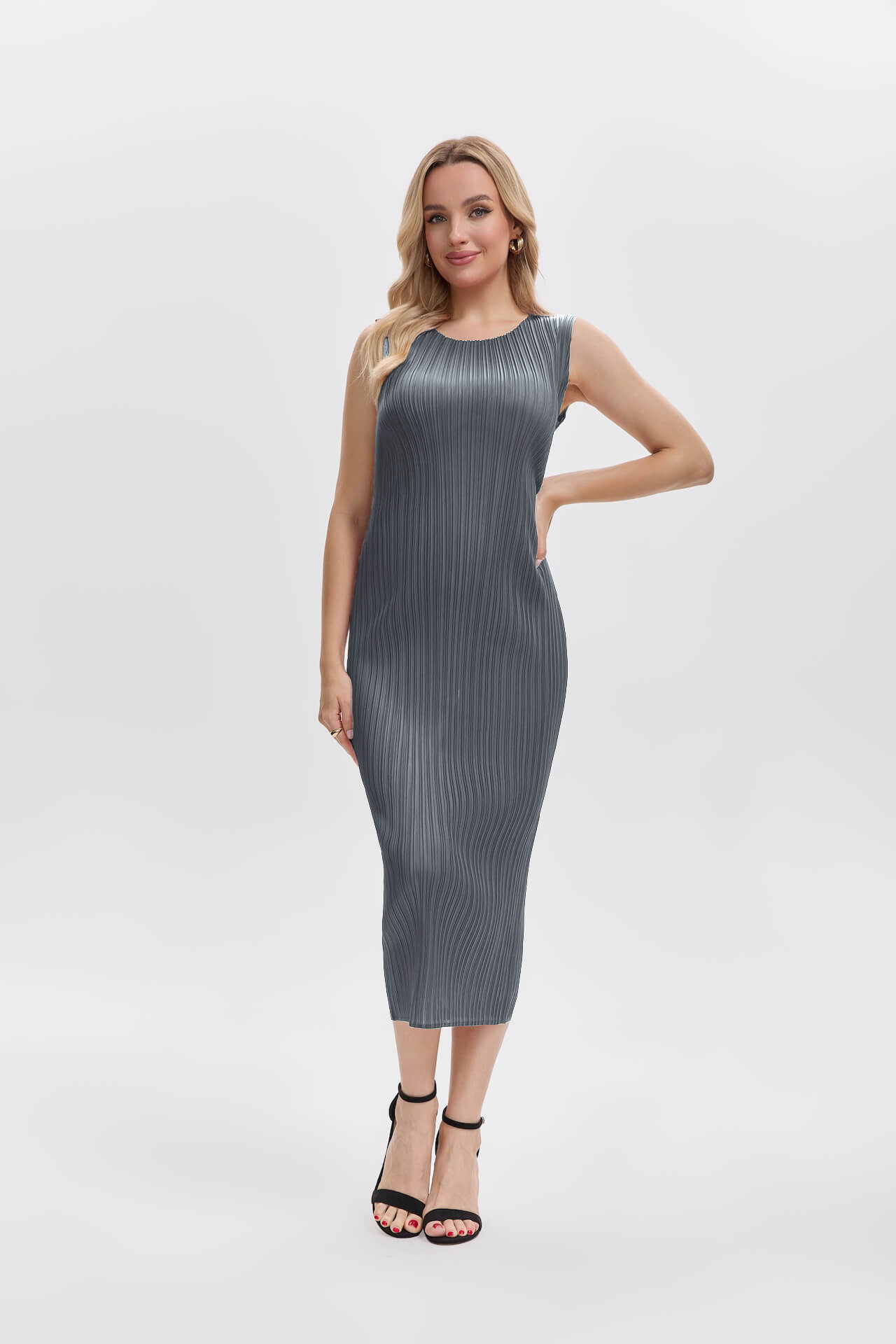 Pleatsart Wrinkle-Free Travel-Friendly Pleats Midi Dress -Gray