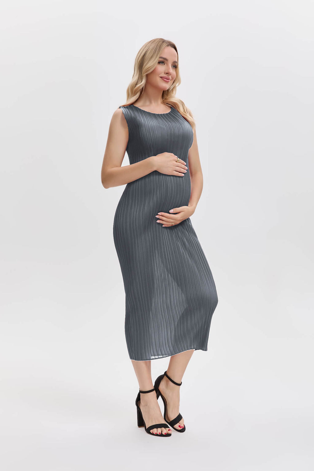 Pleatsart Wrinkle-Free Travel-Friendly Pleats Midi Dress -Gray