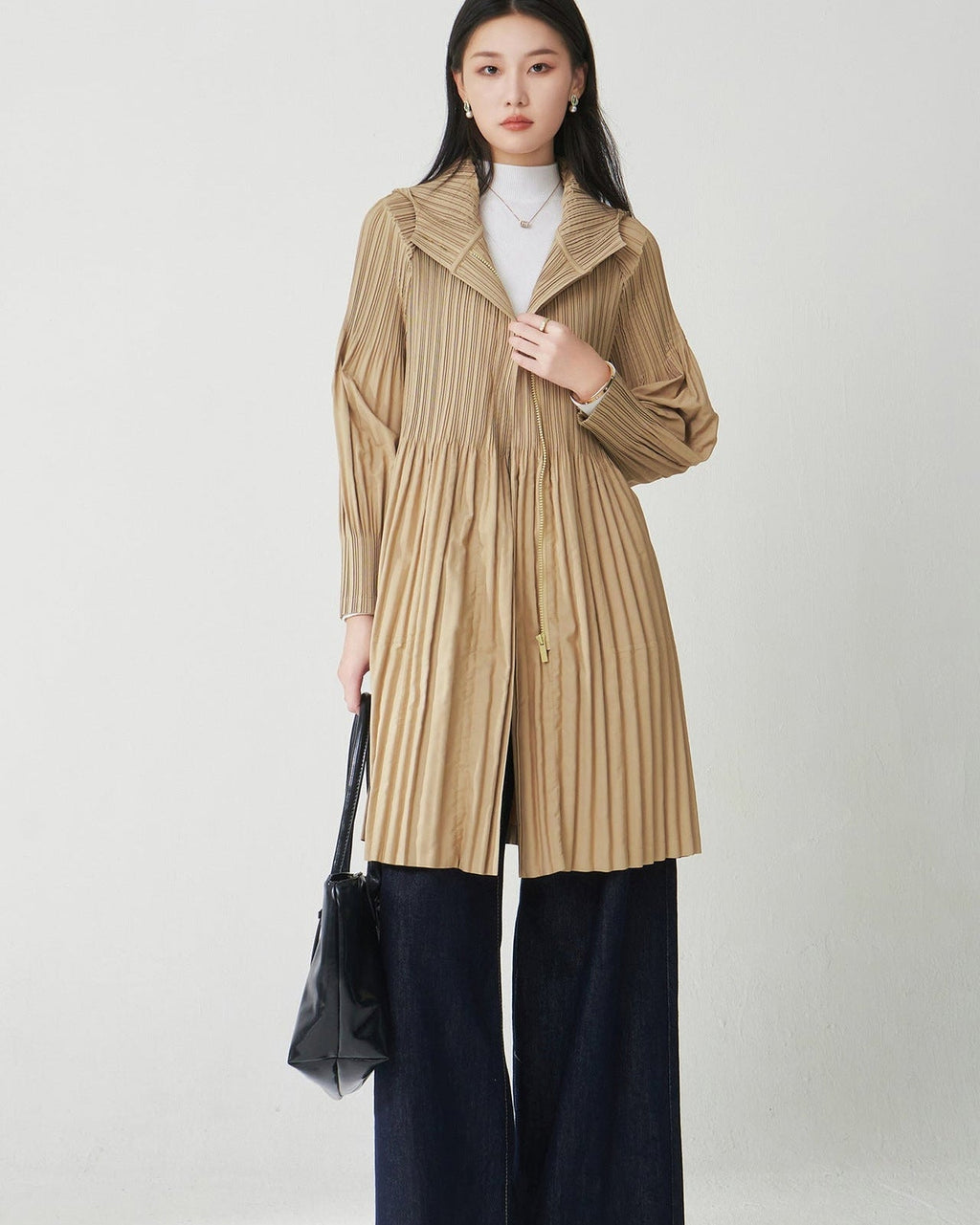 Pleatsart Wrinkle-Free Hooded Pleats Trench Coat