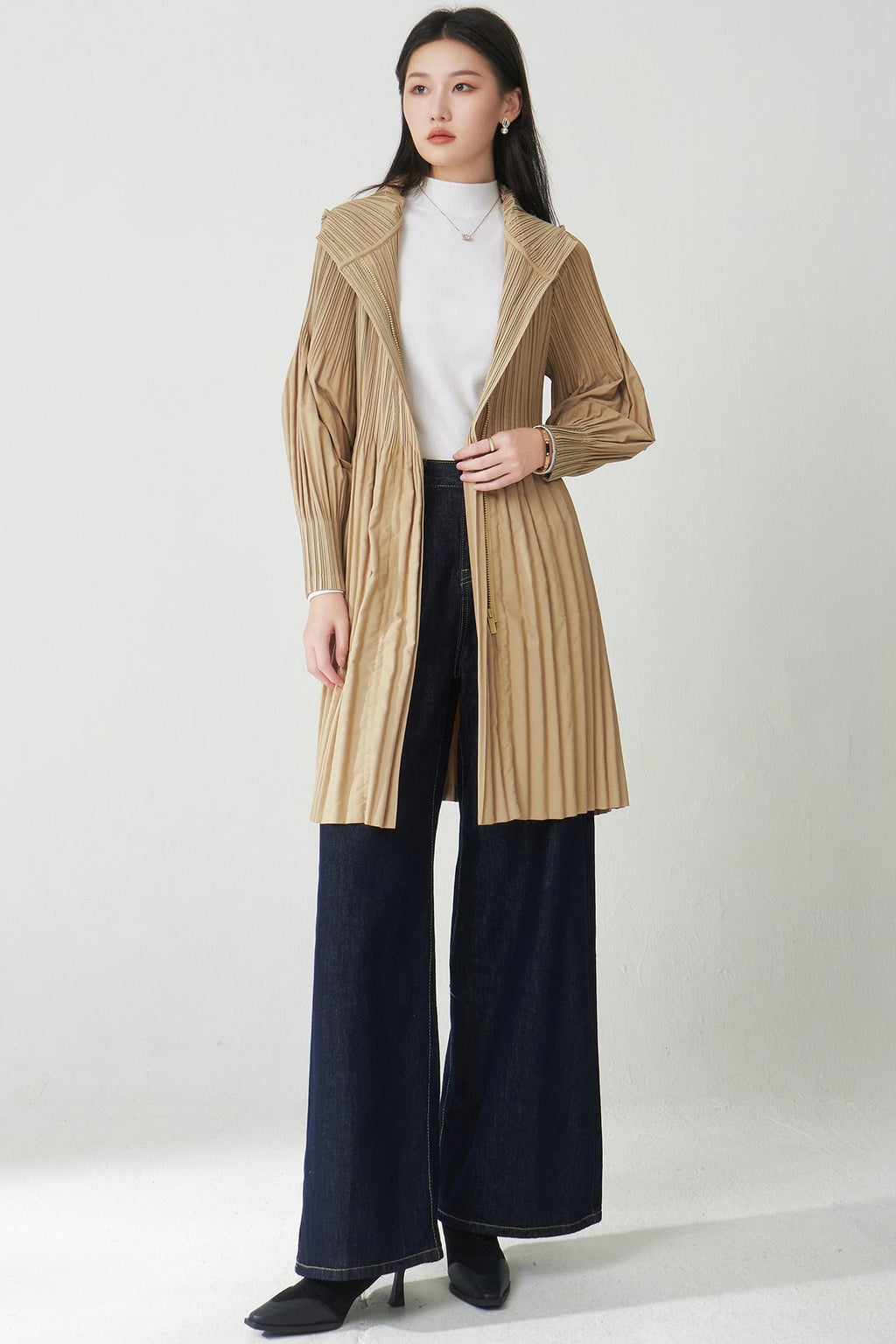 Pleatsart Wrinkle-Free Hooded Pleats Trench Coat