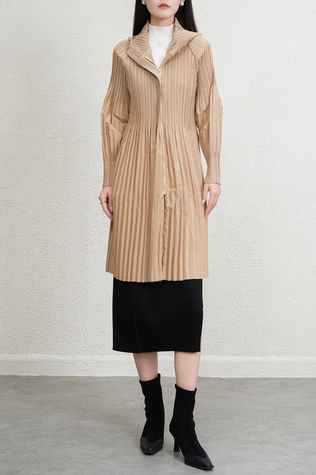 Pleatsart Wrinkle-Free Hooded Pleats Trench Coat