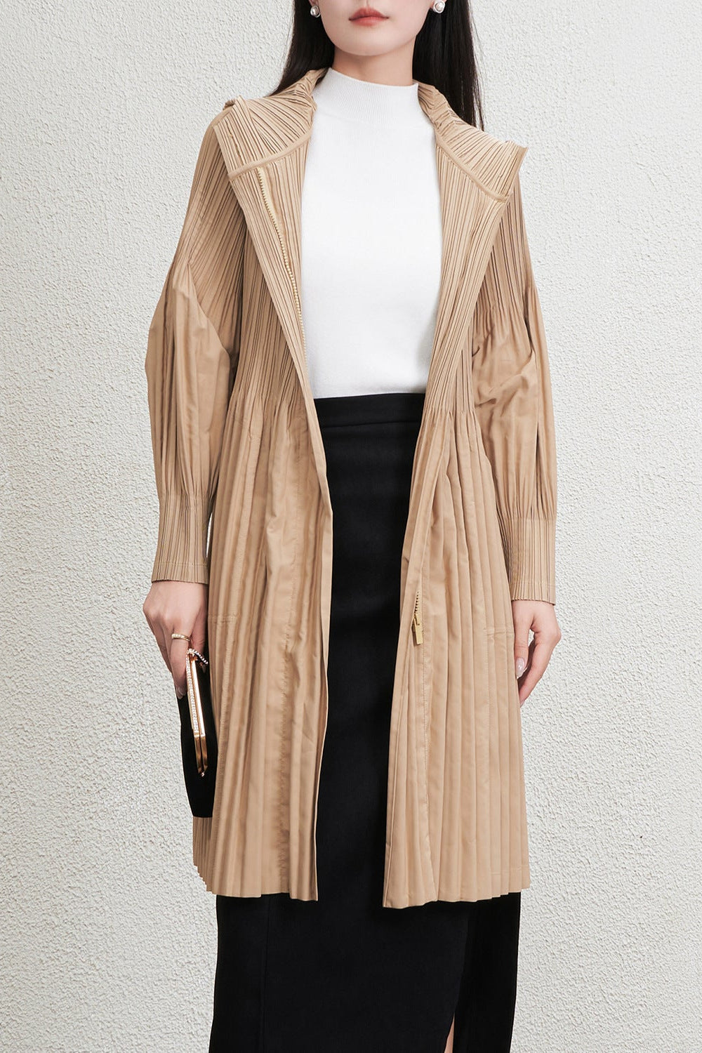 Pleatsart Wrinkle-Free Hooded Pleats Trench Coat