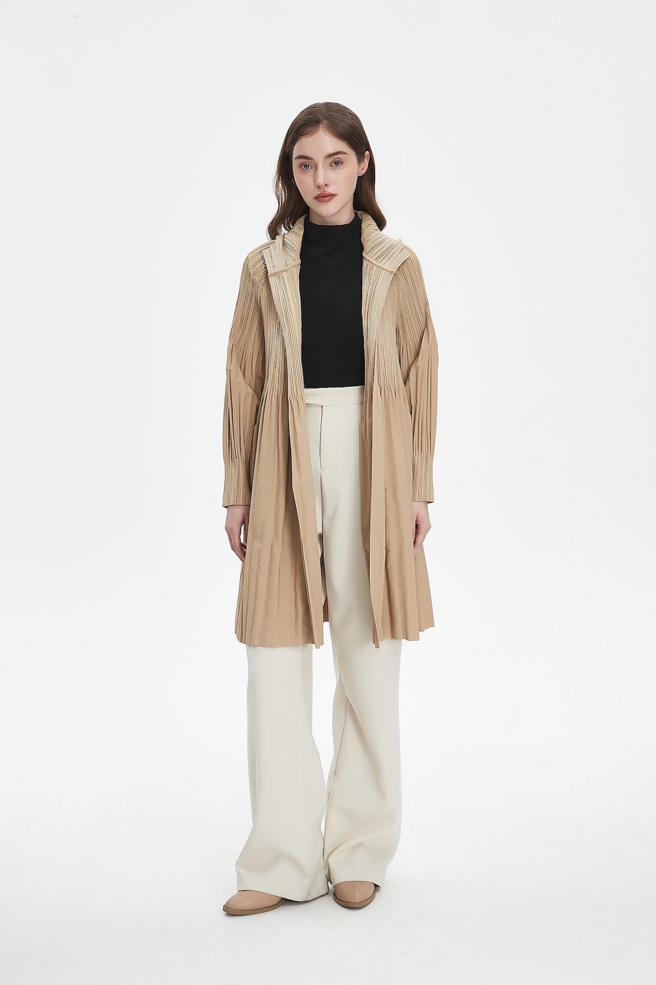 Pleatsart Wrinkle-Free Hooded Pleats Trench Coat