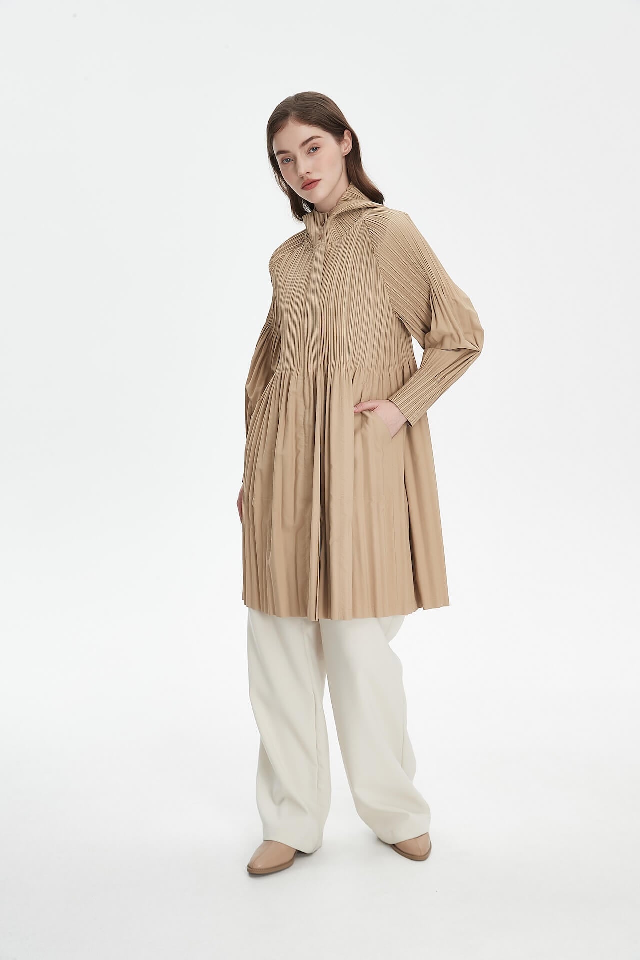 Pleatsart Wrinkle-Free Hooded Pleats Trench Coat