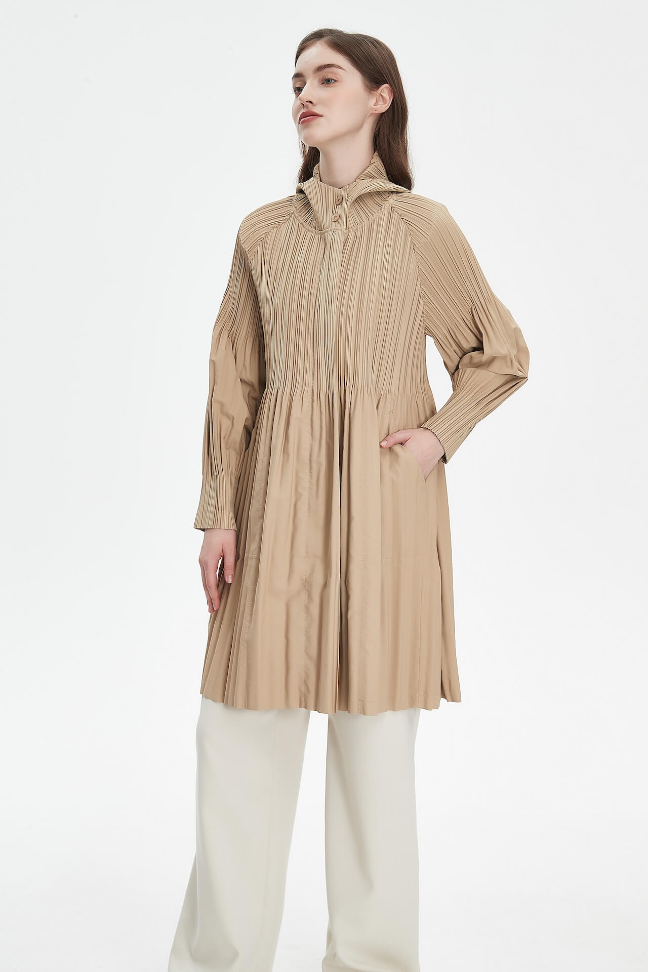 Pleatsart Wrinkle-Free Hooded Pleats Trench Coat