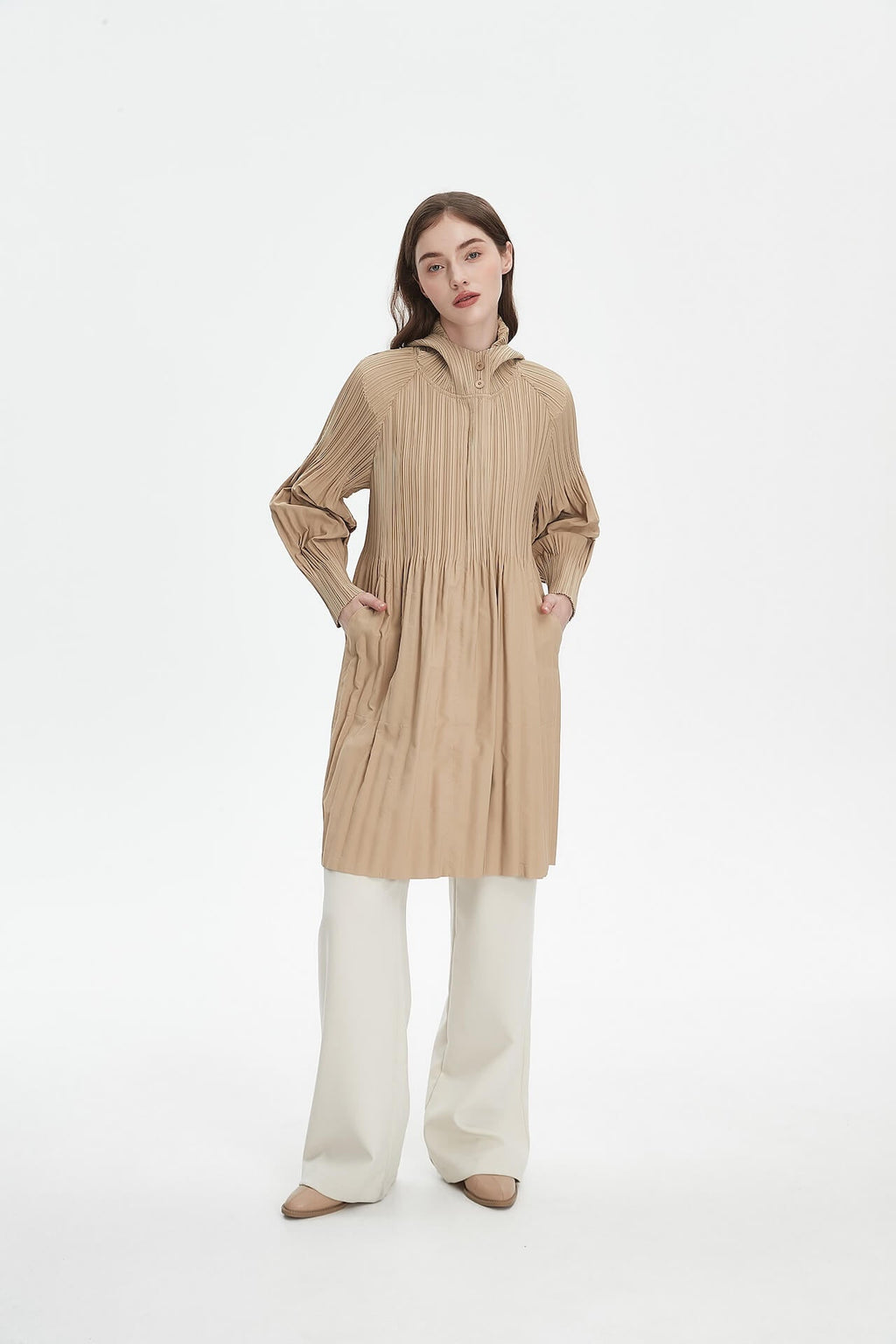 Pleatsart Wrinkle-Free Hooded Pleats Trench Coat