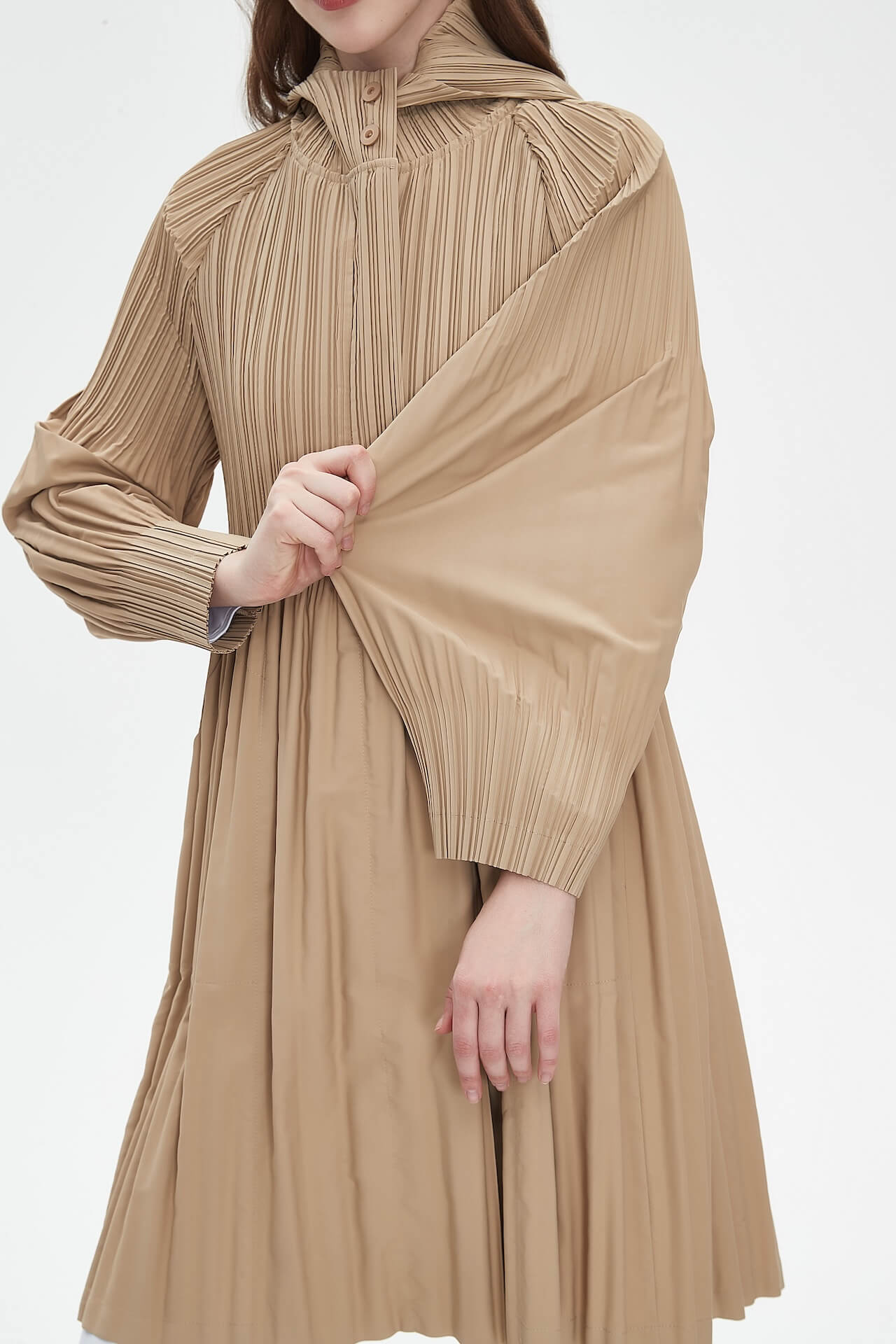 Pleatsart Wrinkle-Free Hooded Pleats Trench Coat